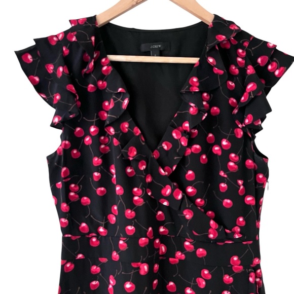 J. Crew F5751 Black Red Cherry Fruit Silk Ruffle Faux Wrap Dress 6 - Picture 3 of 5
